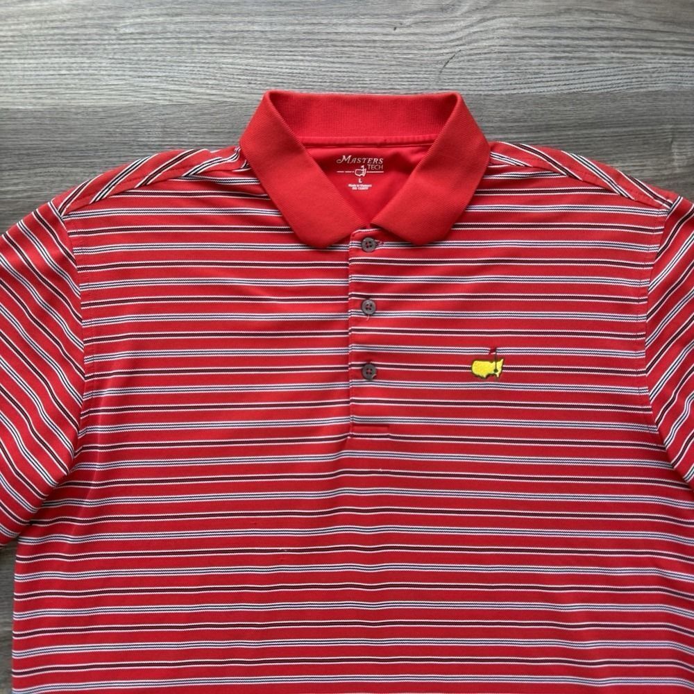 Masters Tech Mens Size Large Red Striped Knit Golf Polo Shirt Augusta